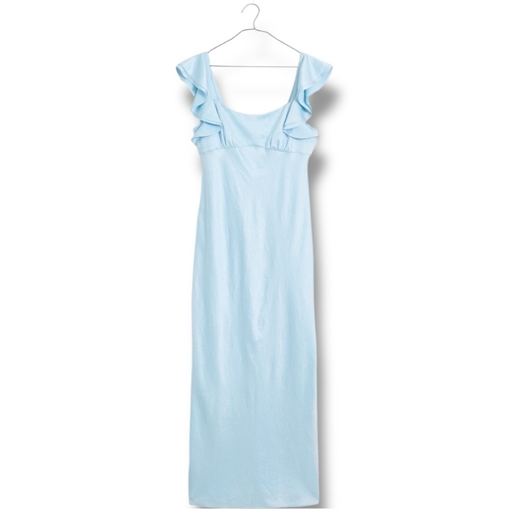 Madewell NWT Sky Blue Empire Waist Silky Maxi Dress with Ruffle Shoulder Detail - Picture 6 of 16